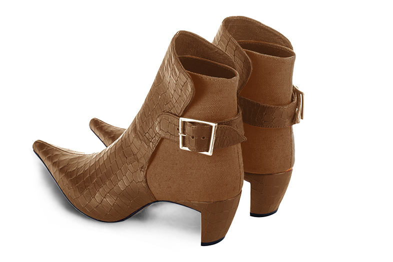 Caramel brown women's ankle boots with buckles at the back. Pointed toe. Medium comma heels. Rear view - Florence KOOIJMAN